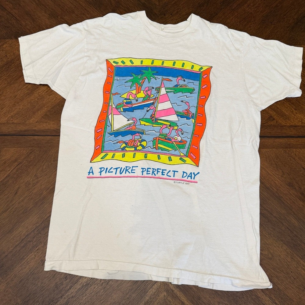 Vintage Turtle Bay Flamingo Sailing Graphic‎ T-Shirt White Single Stitch Large